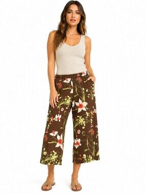 Cali Cali Women's Brown Floral Wide Leg Crop Linen Pants Pull-On Elastic Waist-M